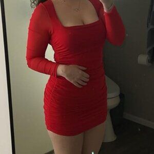 Strechy Red Women's Ruched Bodycon Mini Dress Mesh Long Sleeve